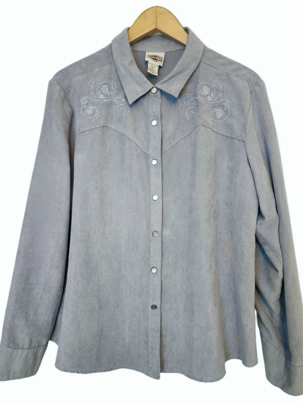 Vintage Ultrasuede dusty blue embroidered western shirt w/pearl snaps